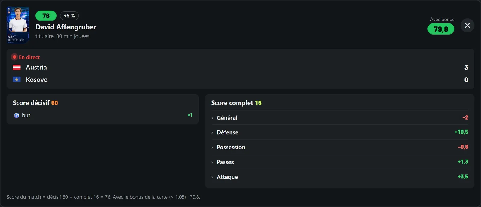 Détail du score d'une carte en direct : score décisif et score complet par catégorie